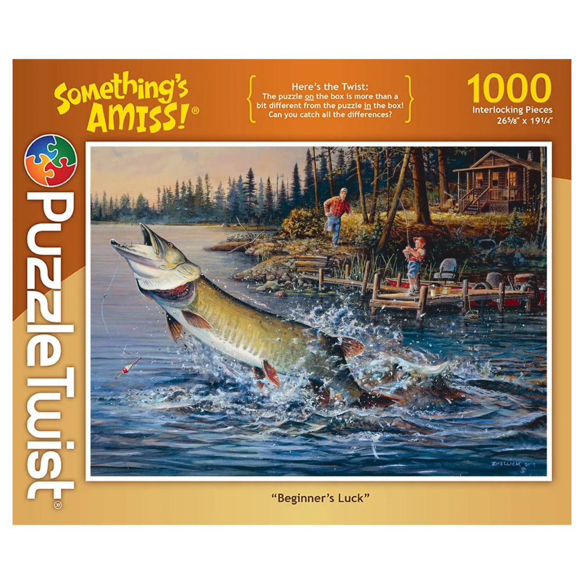 1000-piece puzzle featuring a large fish leaping from a lake, two people fishing by a wooden dock, and a cabin with trees in the background.