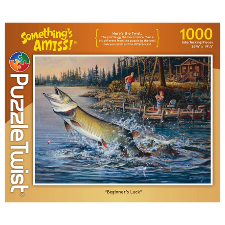 1000-piece puzzle featuring a large fish leaping from a lake, two people fishing by a wooden dock, and a cabin with trees in the background.