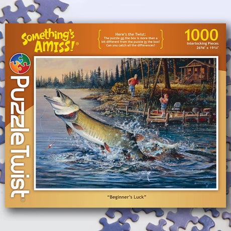 A jigsaw puzzle design showing a large fish jumping from a lake, two people fishing on a dock beside a cabin, with interlocking puzzle pieces forming the border.