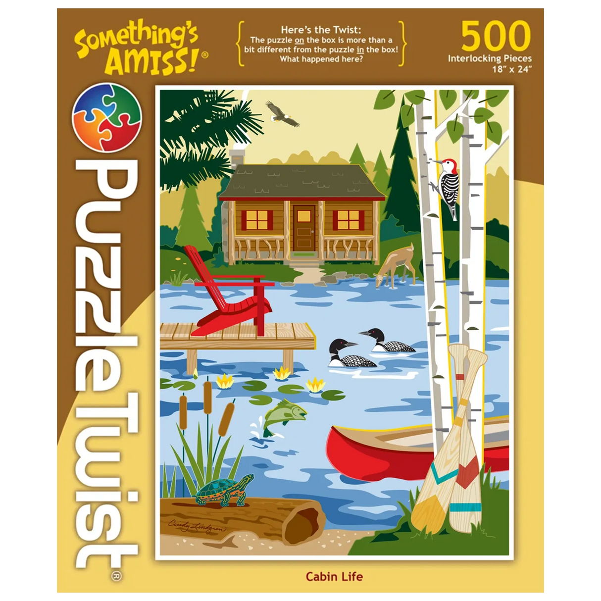 500-piece puzzle showing a lakeside cabin surrounded by trees, with a canoe on the water, woodpecker on a tree, ducks swimming, fish, frog, and turtle visible.