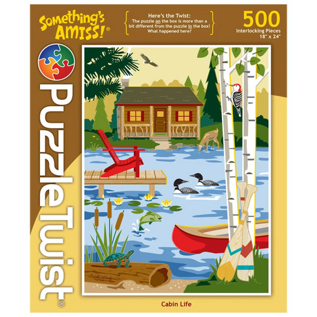 500-piece puzzle showing a lakeside cabin surrounded by trees, with a canoe on the water, woodpecker on a tree, ducks swimming, fish, frog, and turtle visible.