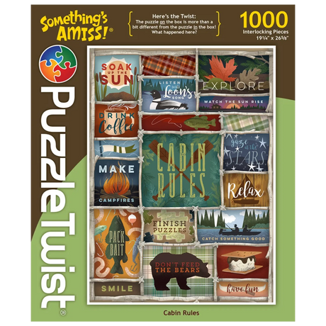 1000-piece puzzle showing illustrated wooden signs with cabin activities and phrases such as “Soak up the sun” and “Don’t feed the bears.”.