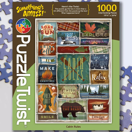 1000-piece puzzle showing rustic signs reading “Soak up the sun,” “Relax,” and “Don’t feed the bears” on a cabin-themed cover.