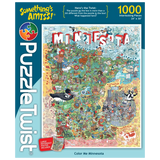 Box for a 1000-piece jigsaw puzzle with colorful Minnesota-themed illustrations and the title “Color Me Minnesota” on the cover, artwork by Kevin Cannon.