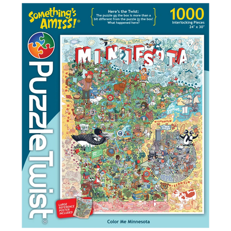 Box for a 1000-piece jigsaw puzzle with colorful Minnesota-themed illustrations and the title “Color Me Minnesota” on the cover, artwork by Kevin Cannon.