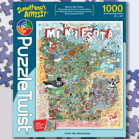 Puzzle box showing a cartoon map of Minnesota with illustrated local icons and landmarks, 1000 pieces. Artwork by Kevin Cannon.