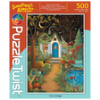 500-piece puzzle showing a nighttime cottage scene with pumpkins, flowers, a pond, and a crescent moon in a starry sky.