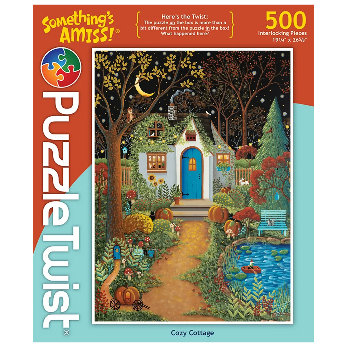 500-piece puzzle showing a nighttime cottage scene with pumpkins, flowers, a pond, and a crescent moon in a starry sky.