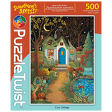 500-piece puzzle showing a nighttime cottage scene with pumpkins, flowers, a pond, and a crescent moon in a starry sky.