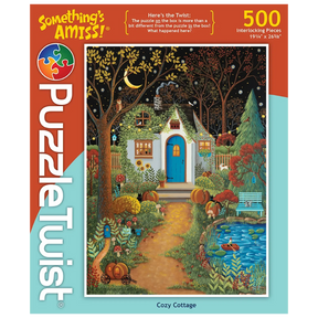500-piece puzzle showing a nighttime cottage scene with pumpkins, flowers, a pond, and a crescent moon in a starry sky.