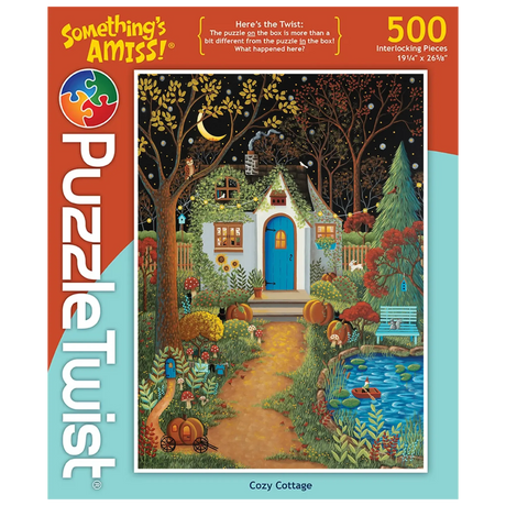 500-piece puzzle showing a nighttime cottage scene with pumpkins, flowers, a pond, and a crescent moon in a starry sky.