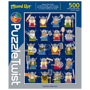 Puzzle box featuring cartoon Vikings holding spatulas and whisks, with the title “Culinary Warriors” and 500 pieces indicated on the front.
