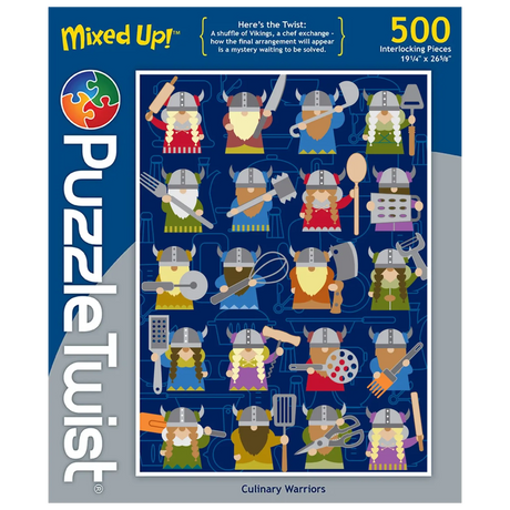 Puzzle box featuring cartoon Vikings holding spatulas and whisks, with the title “Culinary Warriors” and 500 pieces indicated on the front.
