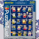Box for a 500-piece jigsaw puzzle showing cartoon Viking chefs with kitchen utensils on a blue background, labeled “Culinary Warriors” and noting a twist challenge.
