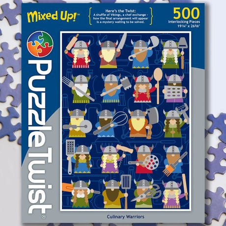 Box for a 500-piece jigsaw puzzle showing cartoon Viking chefs with kitchen utensils on a blue background, labeled “Culinary Warriors” and noting a twist challenge.