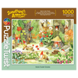 Jigsaw puzzle box featuring gnomes in a woodland scene with animals and mushrooms, art by Mirka Hokkanen. Visible text: Somethings Amiss!, Home Sweet Gnome, 1000 pieces.