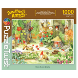Jigsaw puzzle box featuring gnomes in a woodland scene with animals and mushrooms, art by Mirka Hokkanen. Visible text: Somethings Amiss!, Home Sweet Gnome, 1000 pieces.