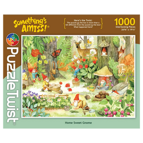 Jigsaw puzzle box featuring gnomes in a woodland scene with animals and mushrooms, art by Mirka Hokkanen. Visible text: Somethings Amiss!, Home Sweet Gnome, 1000 pieces.
