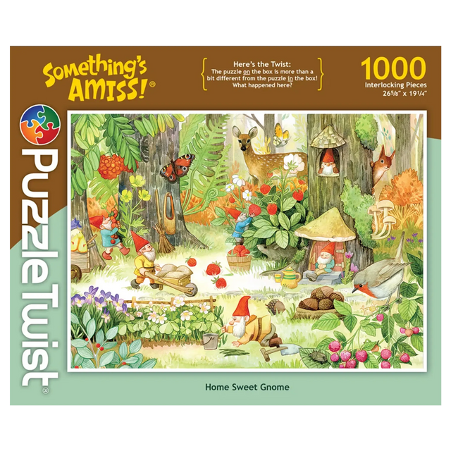 Jigsaw puzzle box featuring gnomes in a woodland scene with animals and mushrooms, art by Mirka Hokkanen. Visible text: Somethings Amiss!, Home Sweet Gnome, 1000 pieces.