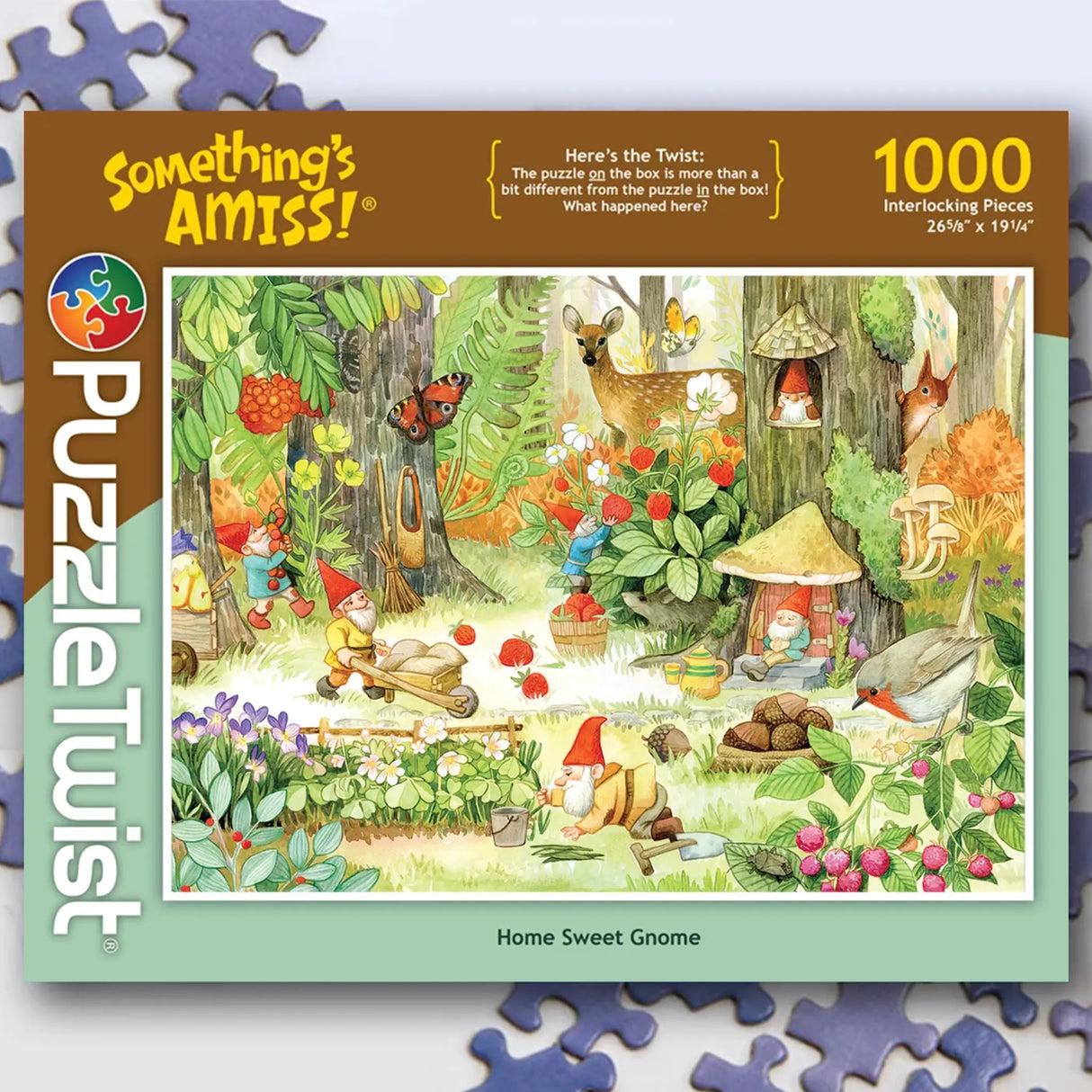 Jigsaw puzzle box with illustration of gnomes gardening and relaxing in a woodland setting; art by Mirka Hokkanen; visible text: Home Sweet Gnome, 1000 pieces.