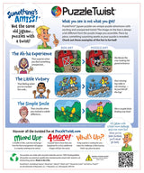 Colorful ad showing a Scandinavian folk art jigsaw puzzle, illustrated puzzle boxes, completed puzzles, and people viewing the puzzles.