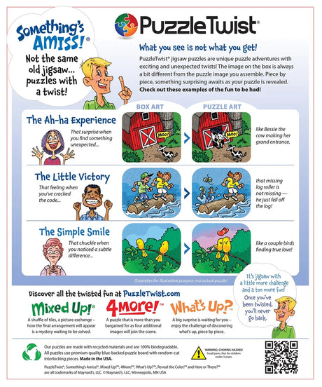 Colorful ad showing a Scandinavian folk art jigsaw puzzle, illustrated puzzle boxes, completed puzzles, and people viewing the puzzles.