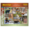 1000-piece puzzle featuring wildlife photography of wolves, moose, bears, foxes, owls, and eagles in a forest setting.
