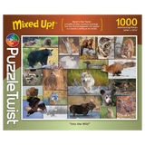 1000-piece puzzle featuring wildlife photography of wolves, moose, bears, foxes, owls, and eagles in a forest setting.
