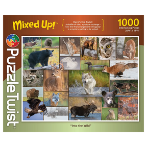 1000-piece puzzle featuring wildlife photography of wolves, moose, bears, foxes, owls, and eagles in a forest setting.