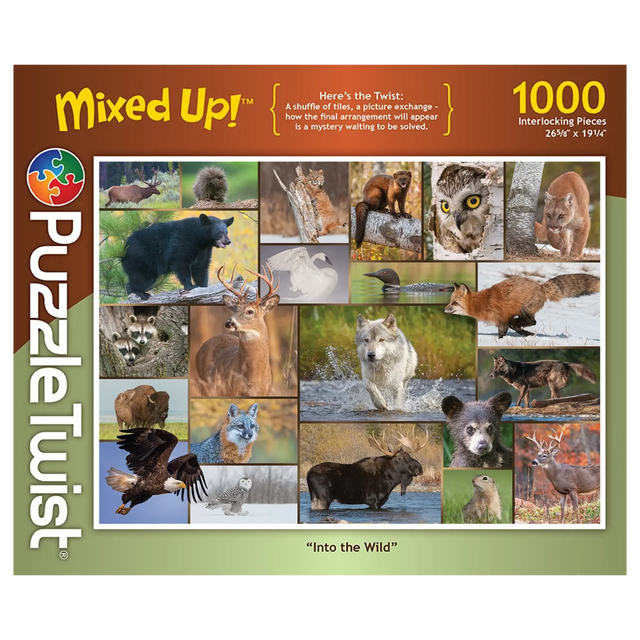 1000-piece puzzle featuring wildlife photography of wolves, moose, bears, foxes, owls, and eagles in a forest setting.