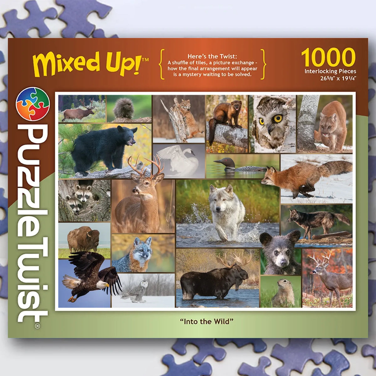 Jigsaw puzzle box showing wildlife photographs of wolves, bears, and deer in a forest setting; title “Into the Wild”; 1000 pieces.