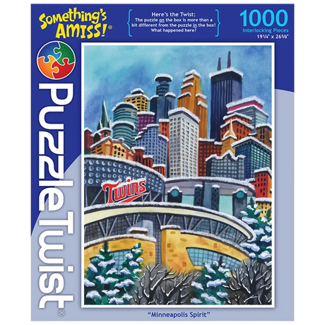 1000-piece jigsaw puzzle featuring a snowy Minneapolis cityscape with the Twins stadium in the foreground and tall skyscrapers forming the background skyline.