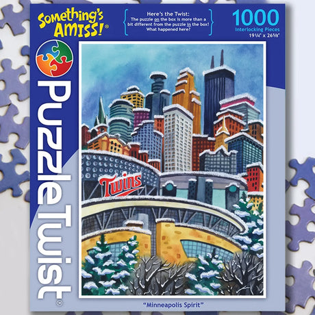 Jigsaw puzzle showing a snowy Minneapolis cityscape with the recognizable skyline and stadium, spread out with scattered pieces.