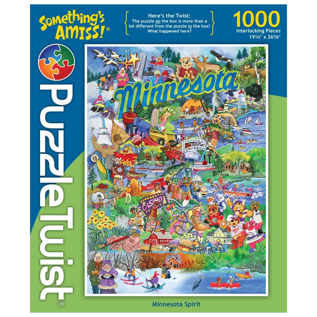 PuzzleTwist 1000-piece puzzle box with a colorful illustrated map of Minnesota, showing state landmarks, icons, and characters. Text reads “Minnesota Spirit.”.
