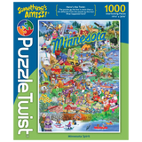 PuzzleTwist 1000-piece puzzle box with a colorful illustrated map of Minnesota, showing state landmarks, icons, and characters. Text reads “Minnesota Spirit.”.