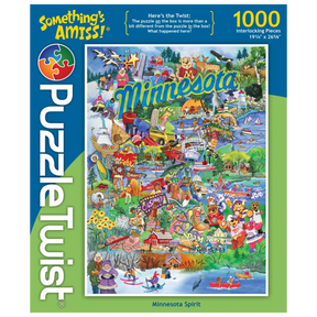 PuzzleTwist 1000-piece puzzle box with a colorful illustrated map of Minnesota, showing state landmarks, icons, and characters. Text reads “Minnesota Spirit.”.