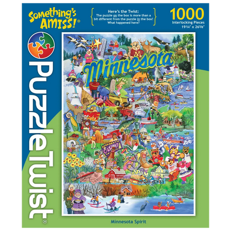 PuzzleTwist 1000-piece puzzle box with a colorful illustrated map of Minnesota, showing state landmarks, icons, and characters. Text reads “Minnesota Spirit.”.