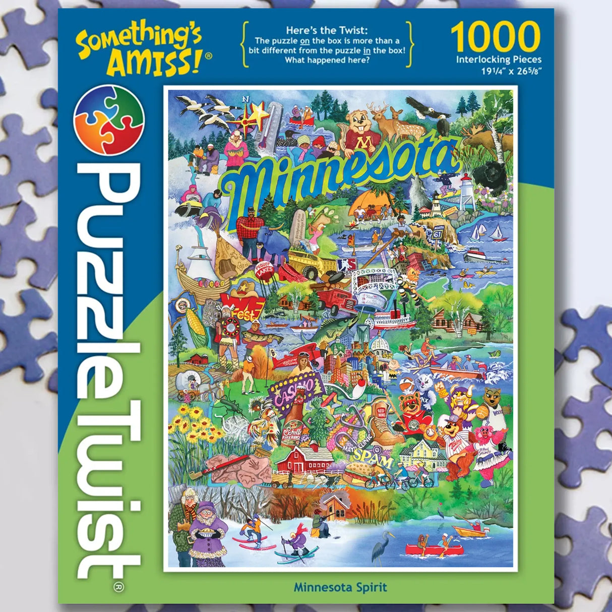 1000-piece jigsaw puzzle box featuring an illustrated Minnesota map with local landmarks, playful characters, and the words “Minnesota Spirit” on the front.