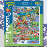 1000-piece jigsaw puzzle box featuring an illustrated Minnesota map with local landmarks, playful characters, and the words “Minnesota Spirit” on the front.