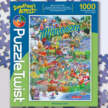 1000-piece jigsaw puzzle box featuring an illustrated Minnesota map with local landmarks, playful characters, and the words “Minnesota Spirit” on the front.