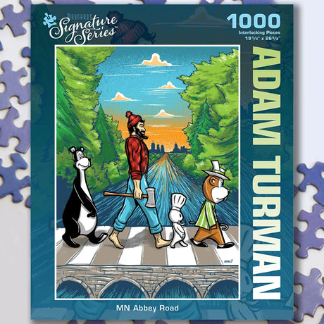 Puzzle box featuring a lumberjack and three cartoon animals walking across a road, Abbey Road style, with trees and a sunset in the background.