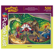 500-piece jigsaw puzzle featuring colorful mythical creatures and a dragon relaxing together in a whimsical, ornately decorated room.