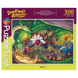 500-piece jigsaw puzzle featuring colorful mythical creatures and a dragon relaxing together in a whimsical, ornately decorated room.