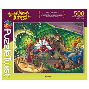 500-piece jigsaw puzzle featuring colorful mythical creatures and a dragon relaxing together in a whimsical, ornately decorated room.