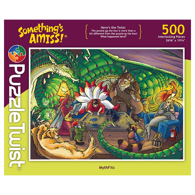 500-piece jigsaw puzzle featuring colorful mythical creatures and a dragon relaxing together in a whimsical, ornately decorated room.