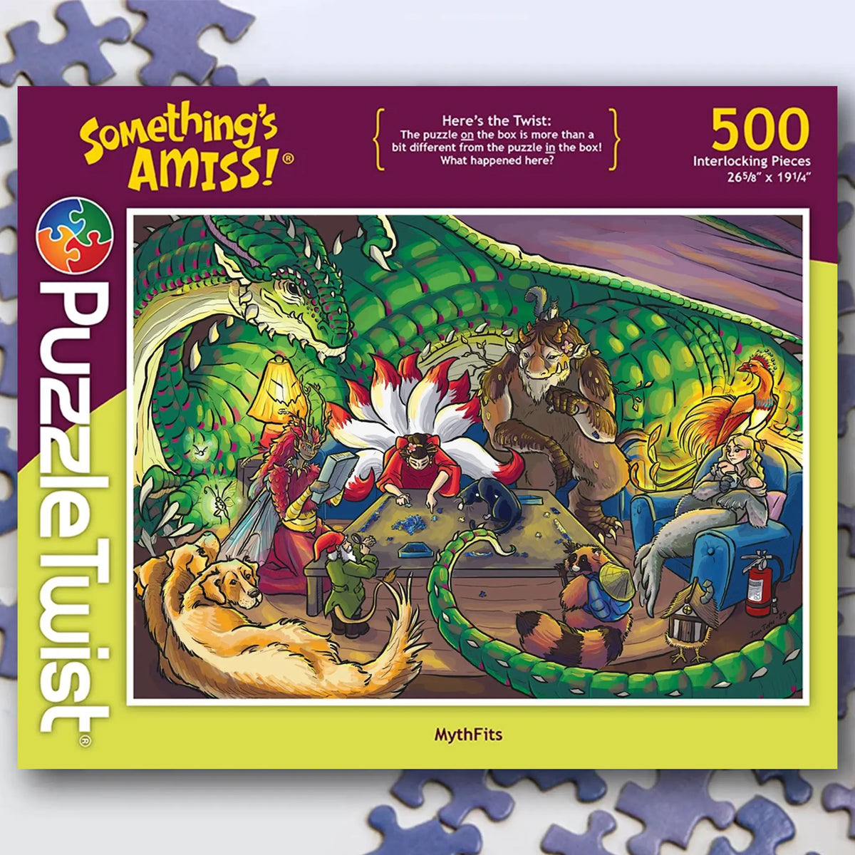 Jigsaw puzzle showing a dragon, unicorn, yeti, and satyr relaxing together in a cozy living room with colorful folklore-inspired details.