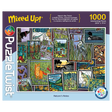 Jigsaw puzzle box featuring Sarah Angst artwork with birds, a fox, flowers, and colorful forest scenes; 1000 pieces displayed on the packaging.