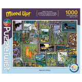 Jigsaw puzzle box featuring Sarah Angst artwork with birds, a fox, flowers, and colorful forest scenes; 1000 pieces displayed on the packaging.