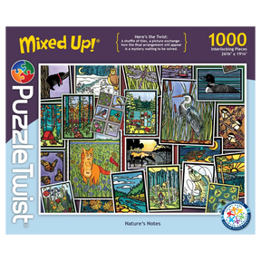 Jigsaw puzzle box featuring Sarah Angst artwork with birds, a fox, flowers, and colorful forest scenes; 1000 pieces displayed on the packaging.