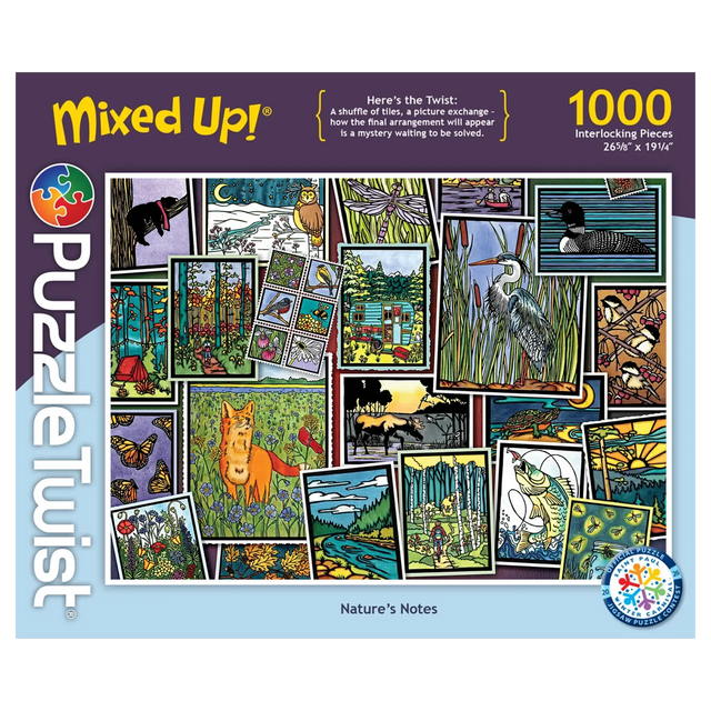 Jigsaw puzzle box featuring Sarah Angst artwork with birds, a fox, flowers, and colorful forest scenes; 1000 pieces displayed on the packaging.